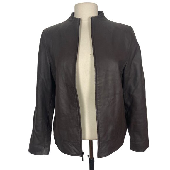 Lord & Taylor Womens Brown Leather Biker Jacket Medium Zip Front Classic Neutral - Picture 2 of 12